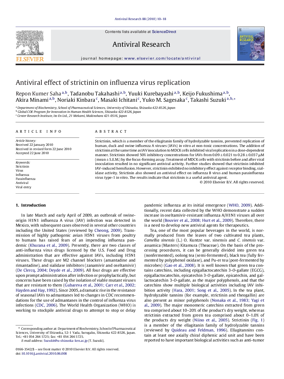 Antiviral effect of strictinin on influenza virus replication