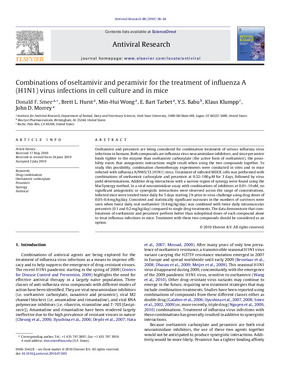 Combinations of oseltamivir and peramivir for the treatment of influenza A (H1N1) virus infections in cell culture and in mice