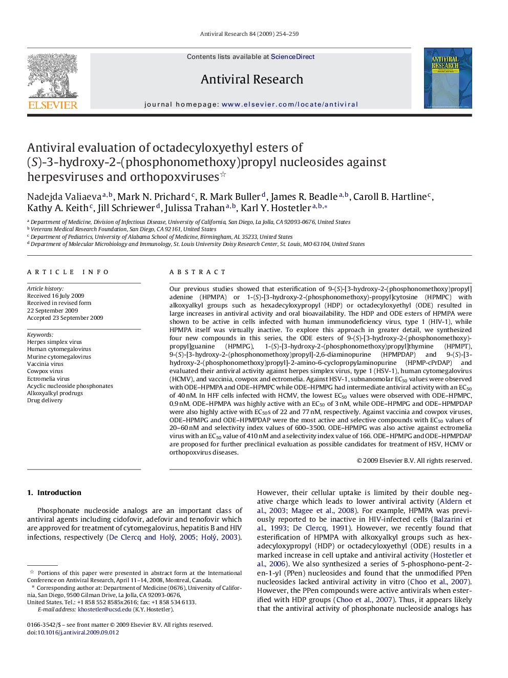 Antiviral evaluation of octadecyloxyethyl esters of (S)-3-hydroxy-2-(phosphonomethoxy)propyl nucleosides against herpesviruses and orthopoxviruses 