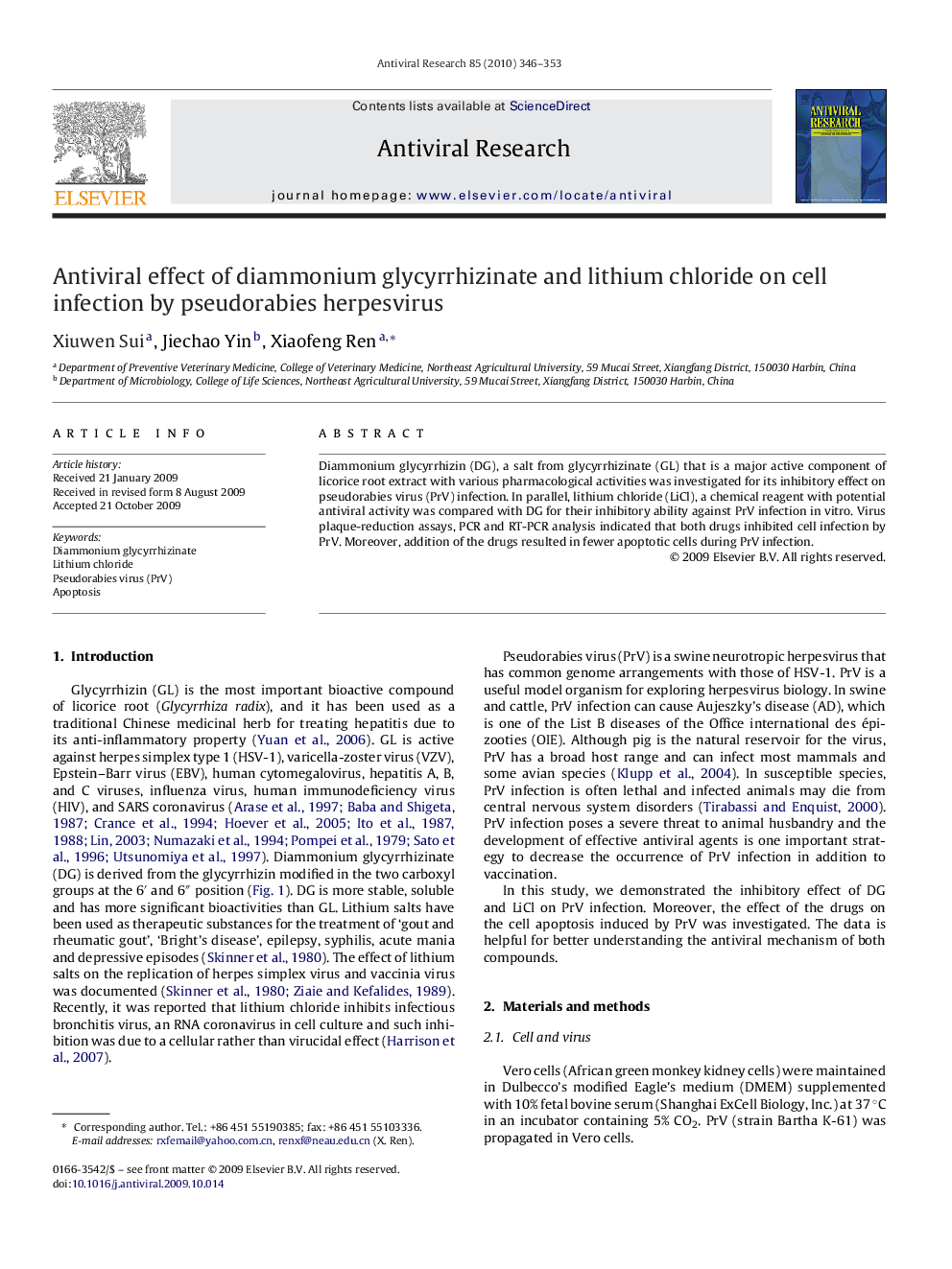 Antiviral effect of diammonium glycyrrhizinate and lithium chloride on cell infection by pseudorabies herpesvirus