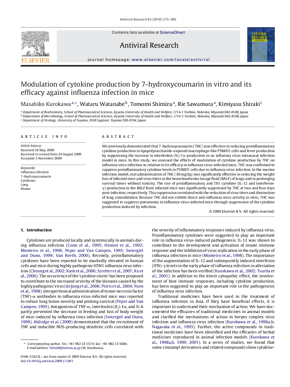 Modulation of cytokine production by 7-hydroxycoumarin in vitro and its efficacy against influenza infection in mice