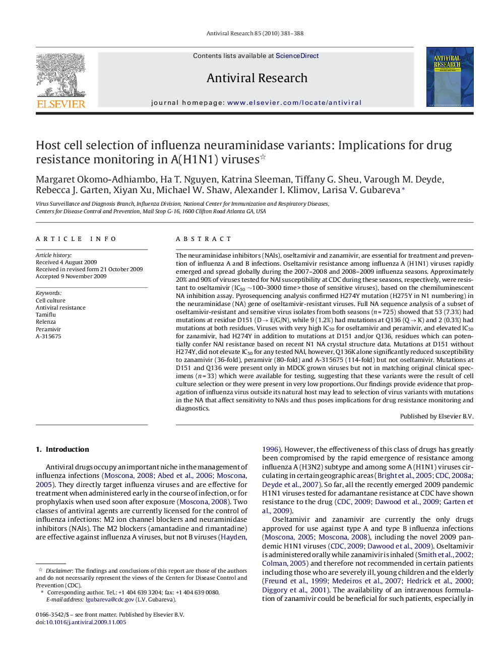 Host cell selection of influenza neuraminidase variants: Implications for drug resistance monitoring in A(H1N1) viruses 