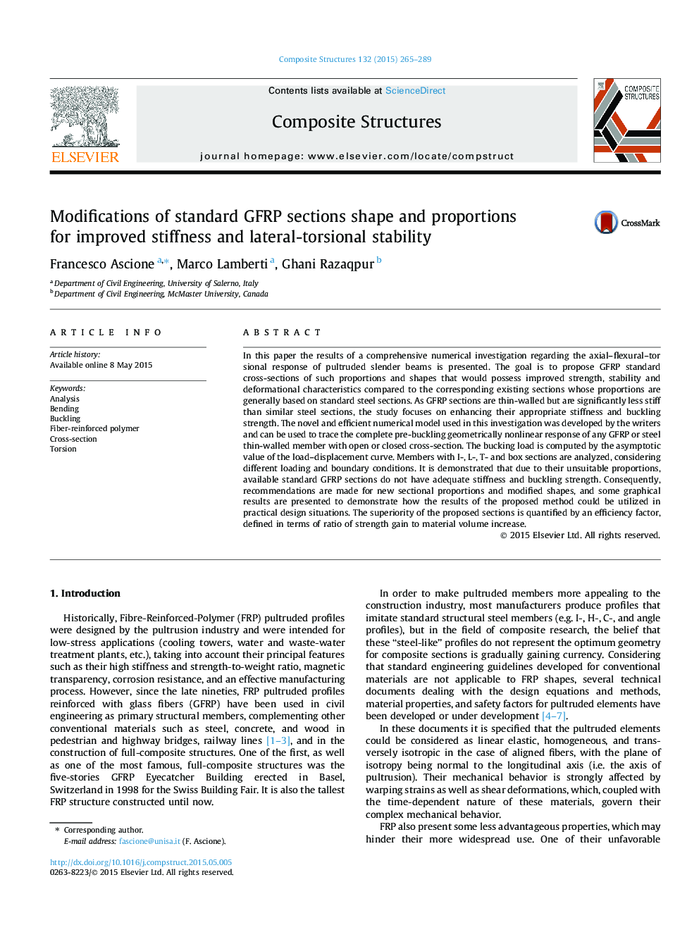 Modifications of standard GFRP sections shape and proportions for improved stiffness and lateral-torsional stability