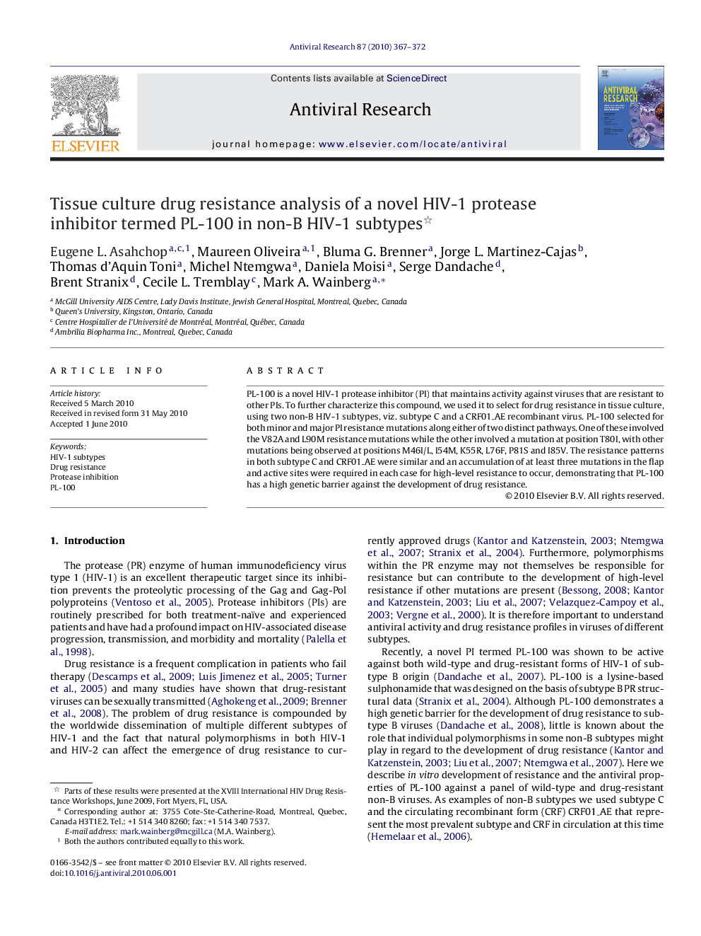 Tissue culture drug resistance analysis of a novel HIV-1 protease inhibitor termed PL-100 in non-B HIV-1 subtypes 