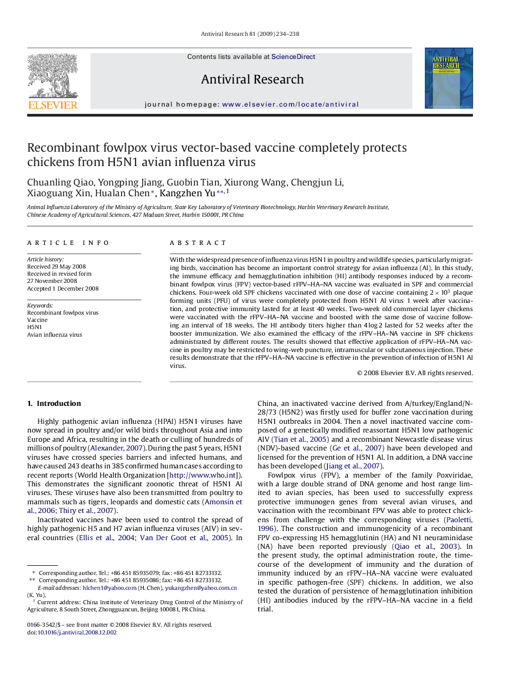 Recombinant fowlpox virus vector-based vaccine completely protects chickens from H5N1 avian influenza virus