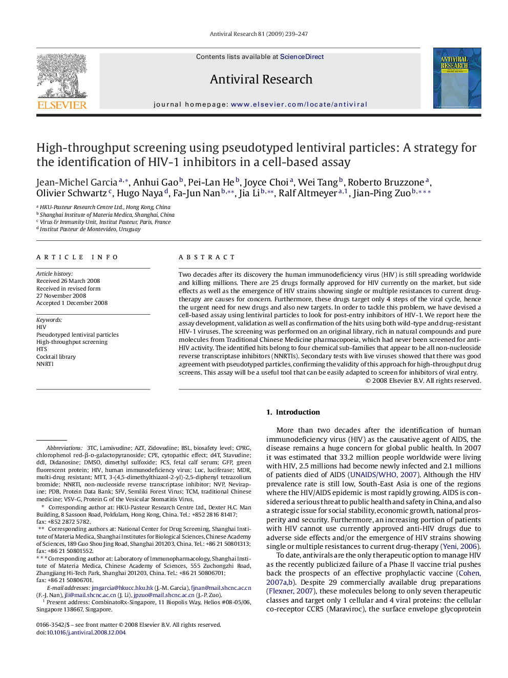 High-throughput screening using pseudotyped lentiviral particles: A strategy for the identification of HIV-1 inhibitors in a cell-based assay