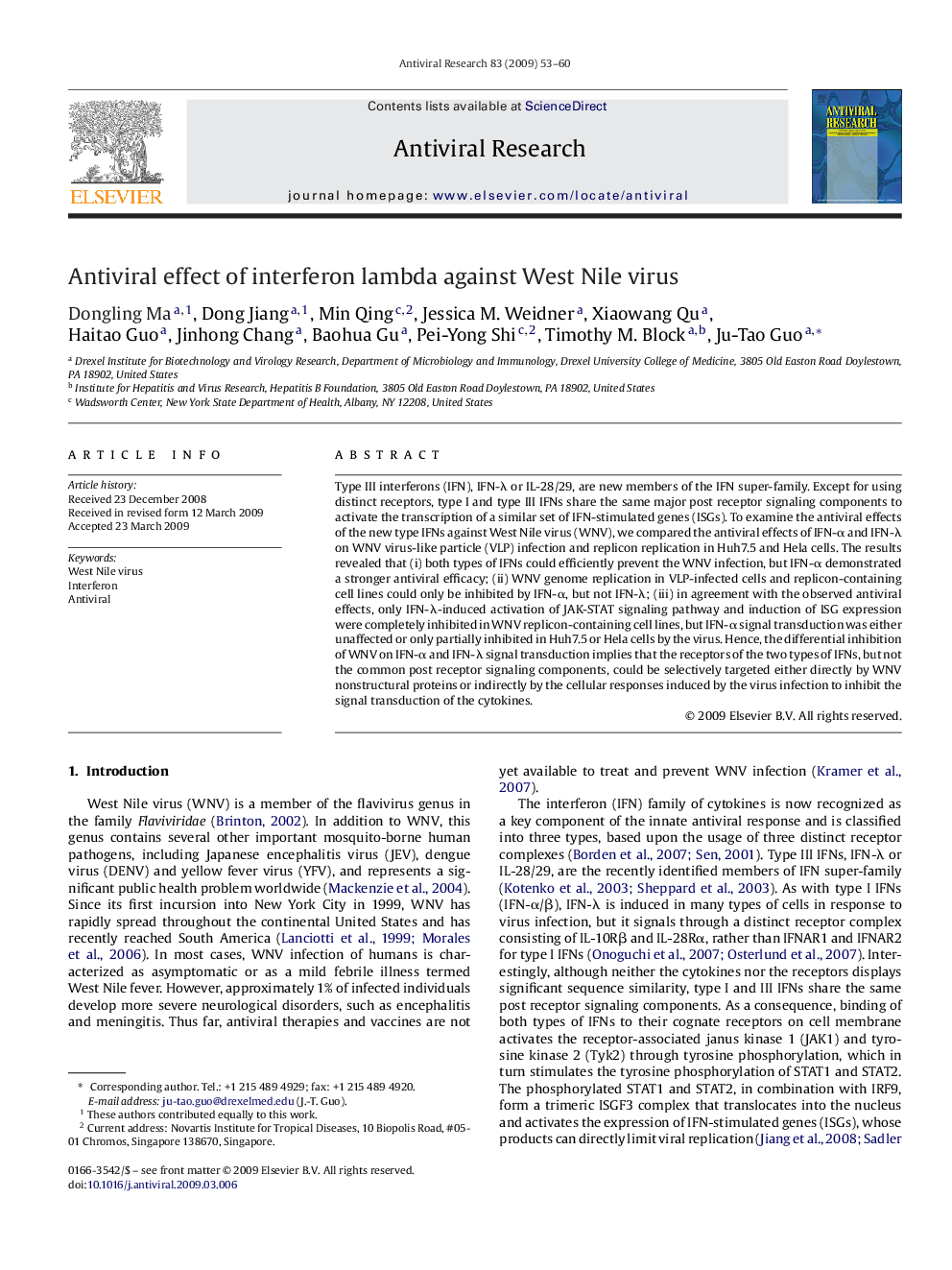 Antiviral effect of interferon lambda against West Nile virus