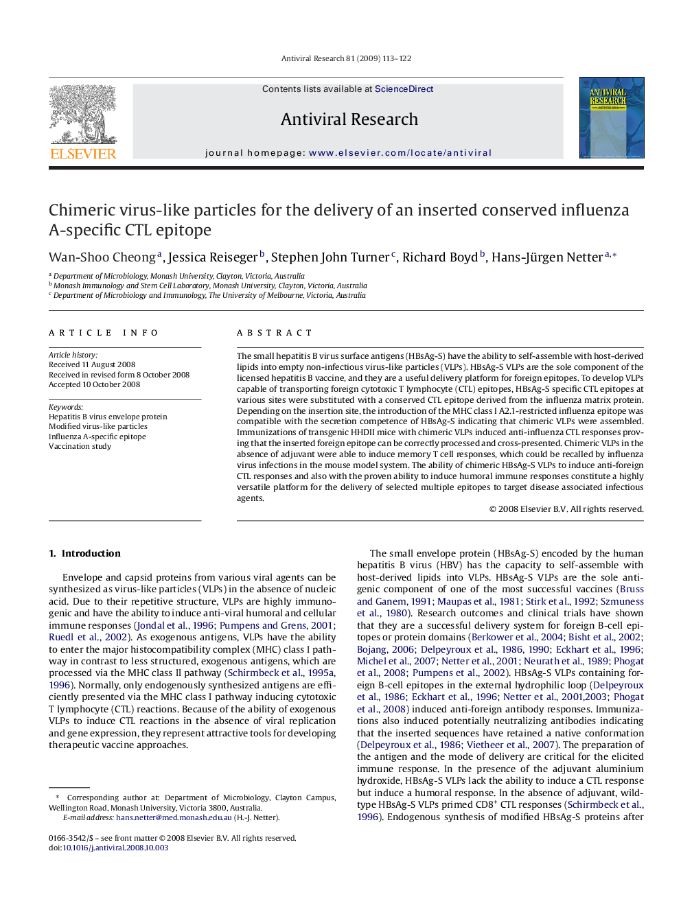 عکس صفحه اول مقاله: Chimeric virus-like particles for the delivery of an inserted conserved influenza A-specific CTL epitope Chimeric virus-like particles for the delivery of an inserted conserved influenza A-specific CTL epitope