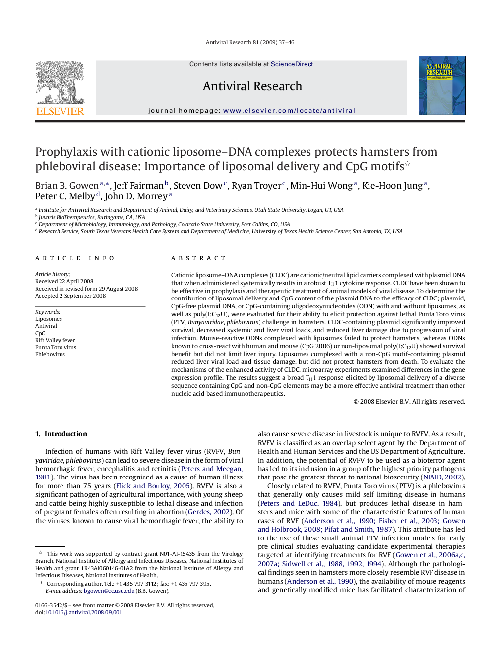 Prophylaxis with cationic liposome–DNA complexes protects hamsters from phleboviral disease: Importance of liposomal delivery and CpG motifs 