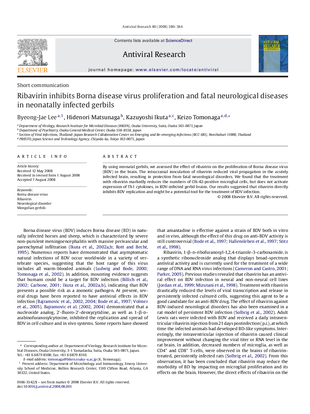 Ribavirin inhibits Borna disease virus proliferation and fatal neurological diseases in neonatally infected gerbils