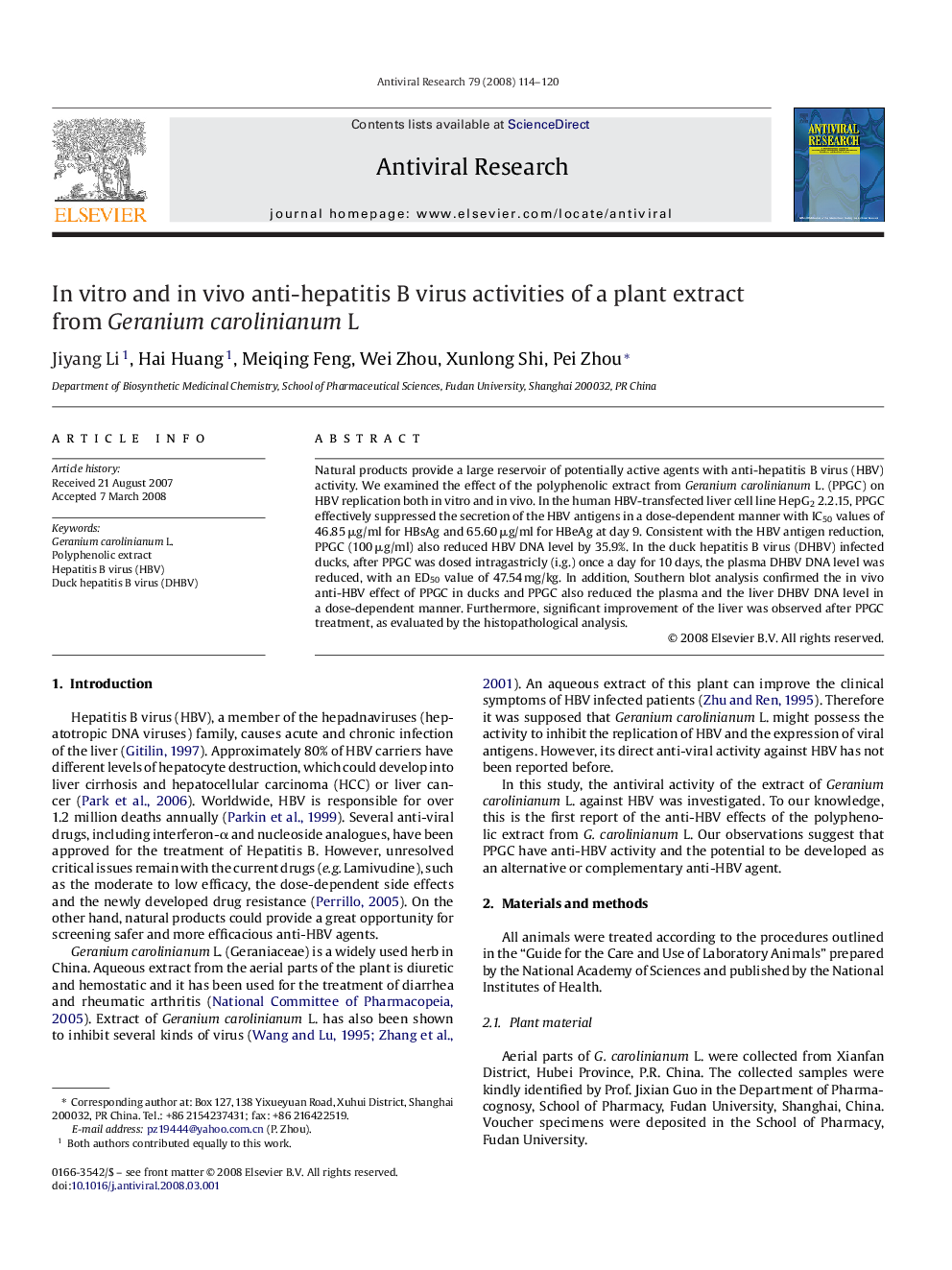 In vitro and in vivo anti-hepatitis B virus activities of a plant extract from Geranium carolinianum L