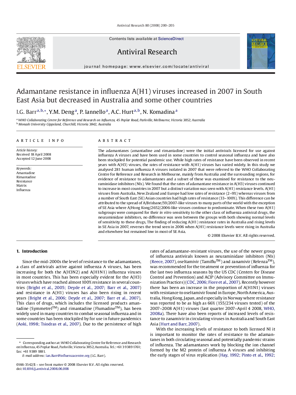 Adamantane resistance in influenza A(H1) viruses increased in 2007 in South East Asia but decreased in Australia and some other countries