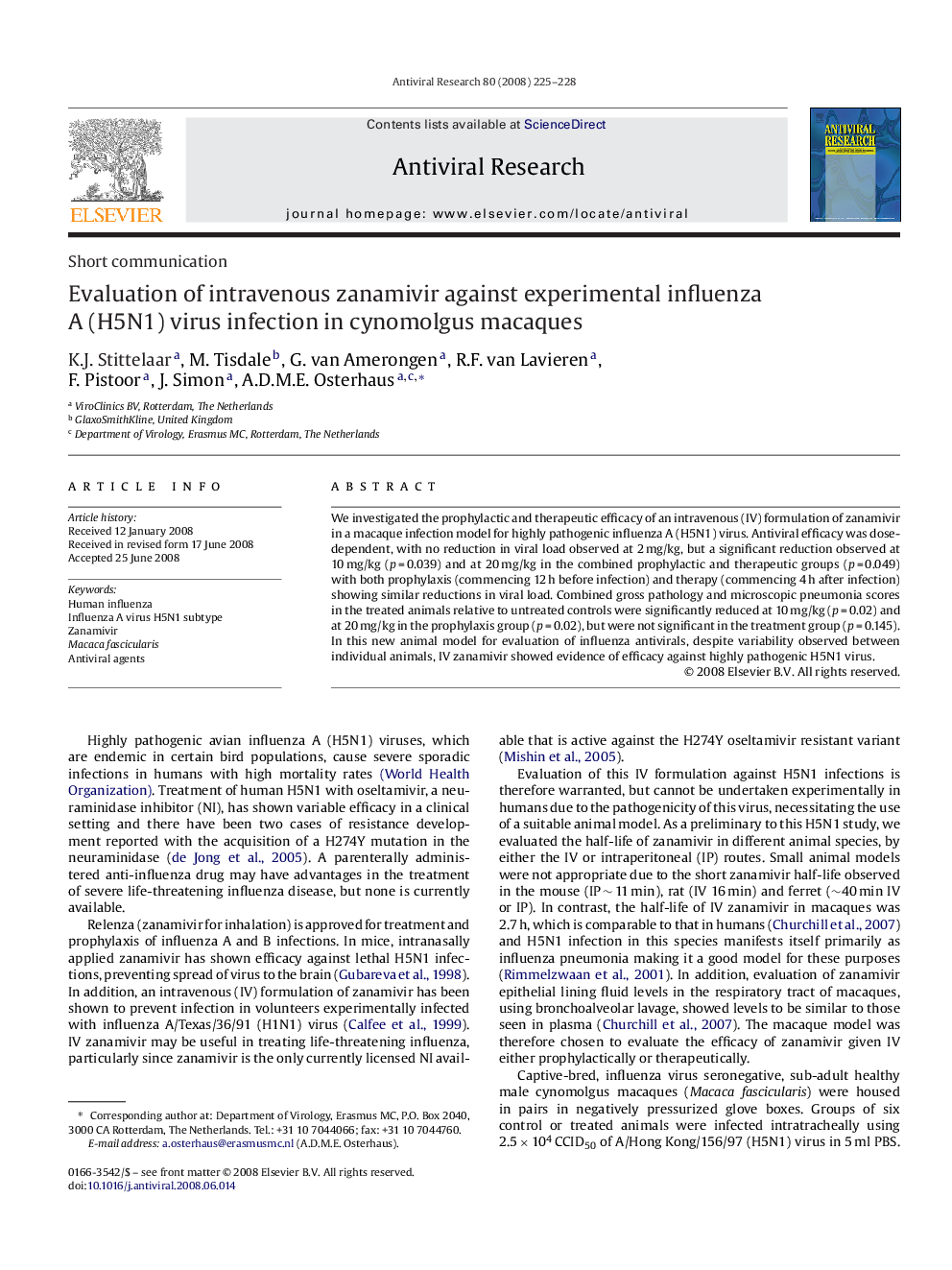 Evaluation of intravenous zanamivir against experimental influenza A (H5N1) virus infection in cynomolgus macaques