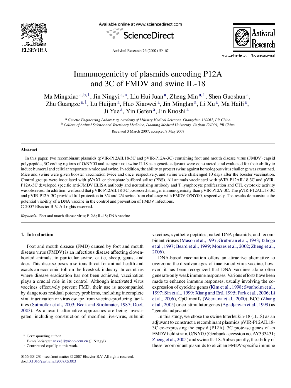 Immunogenicity of plasmids encoding P12A and 3C of FMDV and swine IL-18