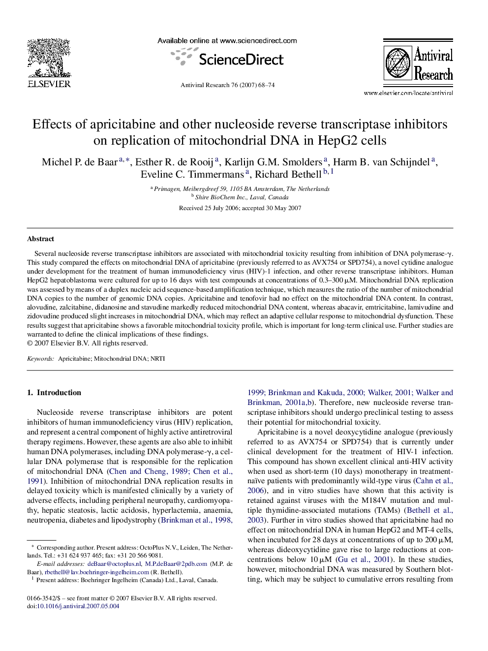 Effects of apricitabine and other nucleoside reverse transcriptase inhibitors on replication of mitochondrial DNA in HepG2 cells