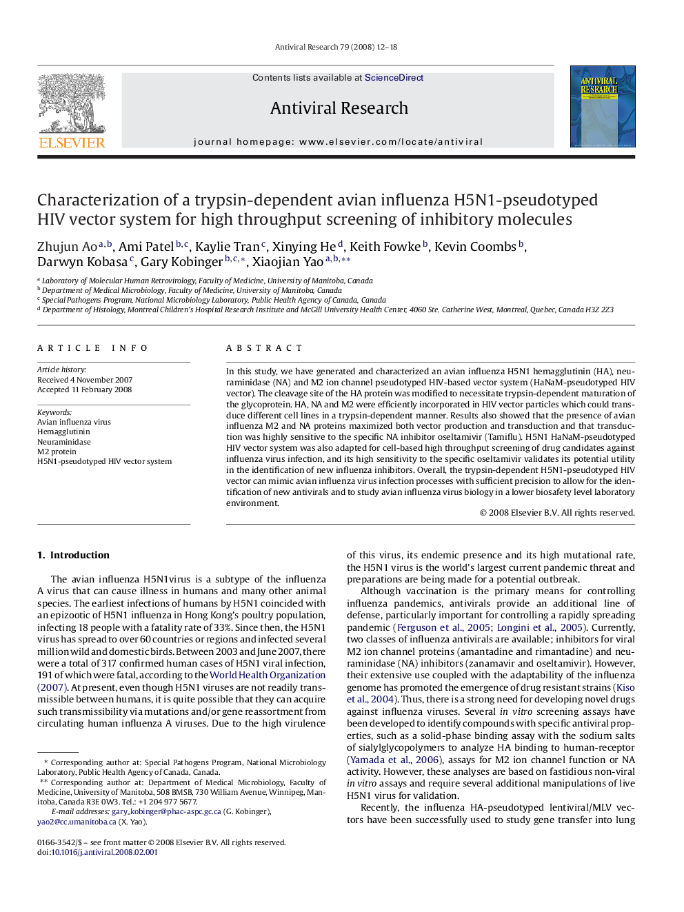 Characterization of a trypsin-dependent avian influenza H5N1-pseudotyped HIV vector system for high throughput screening of inhibitory molecules