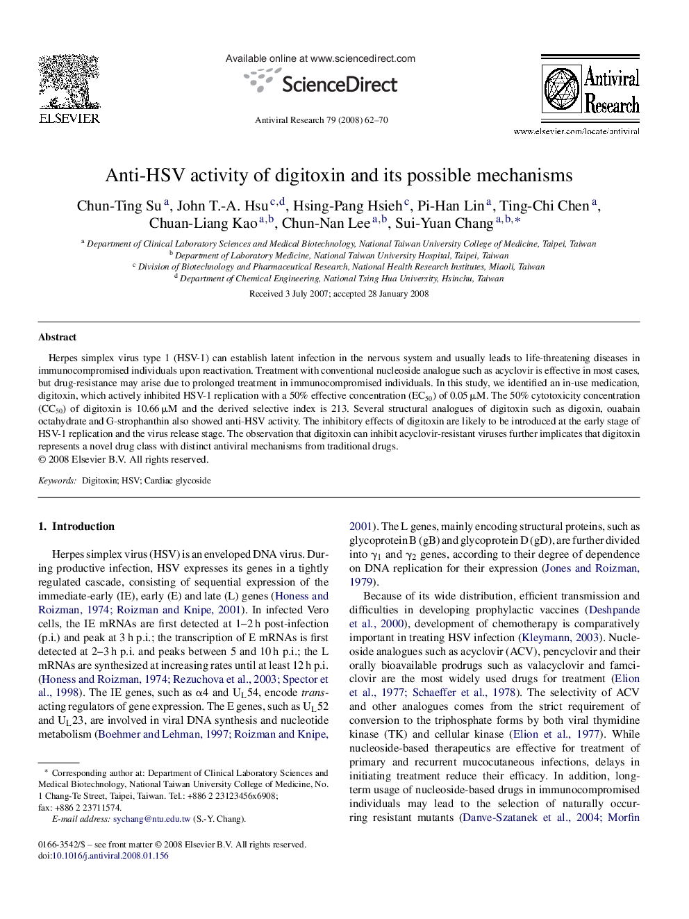 Anti-HSV activity of digitoxin and its possible mechanisms