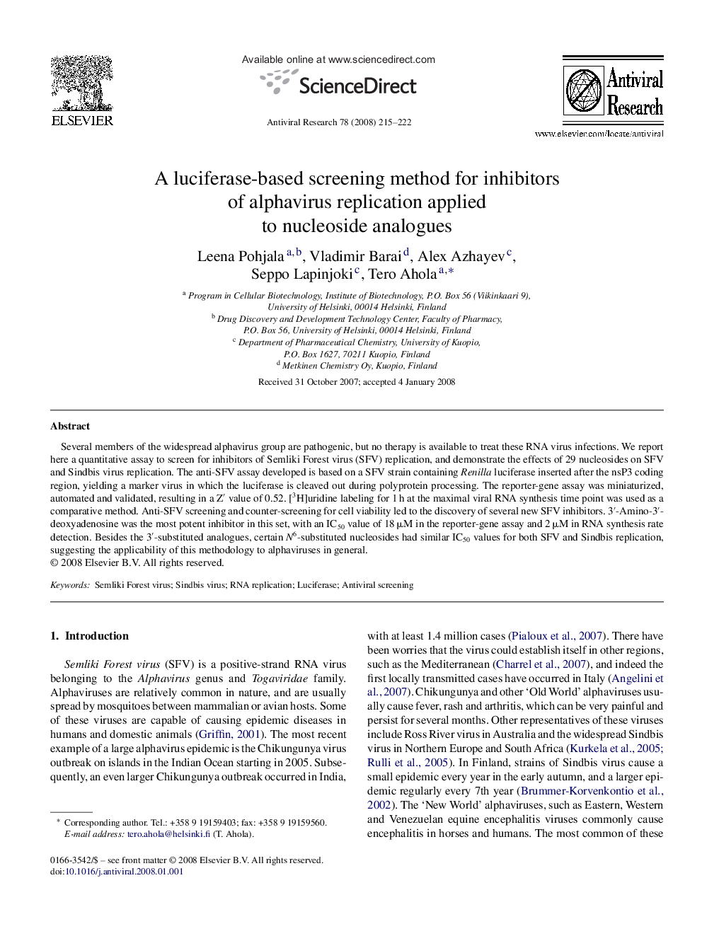 A luciferase-based screening method for inhibitors of alphavirus replication applied to nucleoside analogues