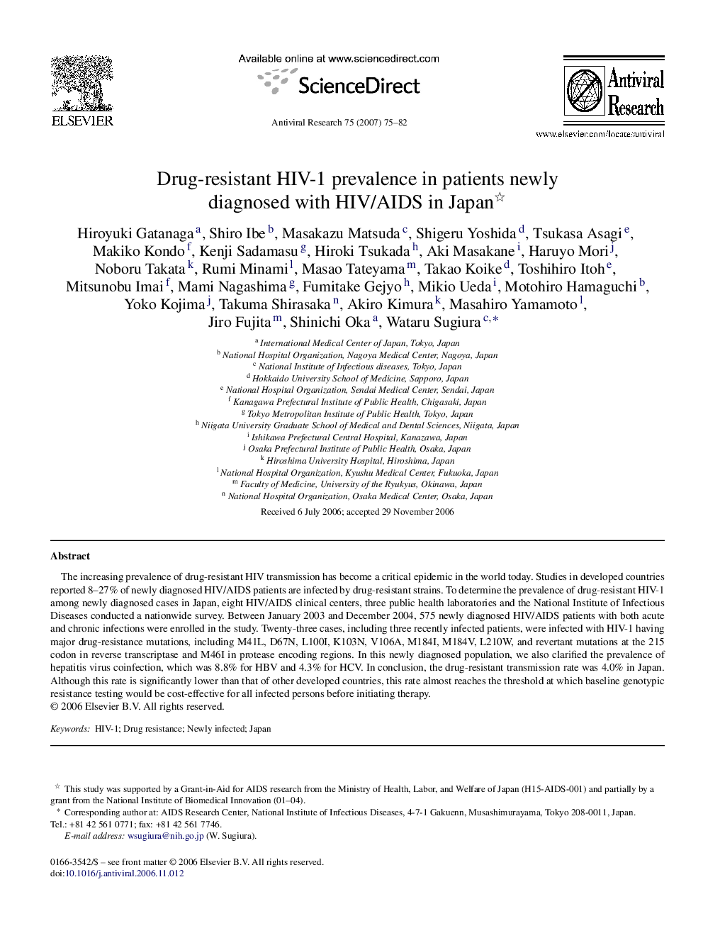 عکس صفحه اول مقاله: Drug-resistant HIV-1 prevalence in patients newly diagnosed with HIV/AIDS in Japan Drug-resistant HIV-1 prevalence in patients newly diagnosed with HIV/AIDS in Japan