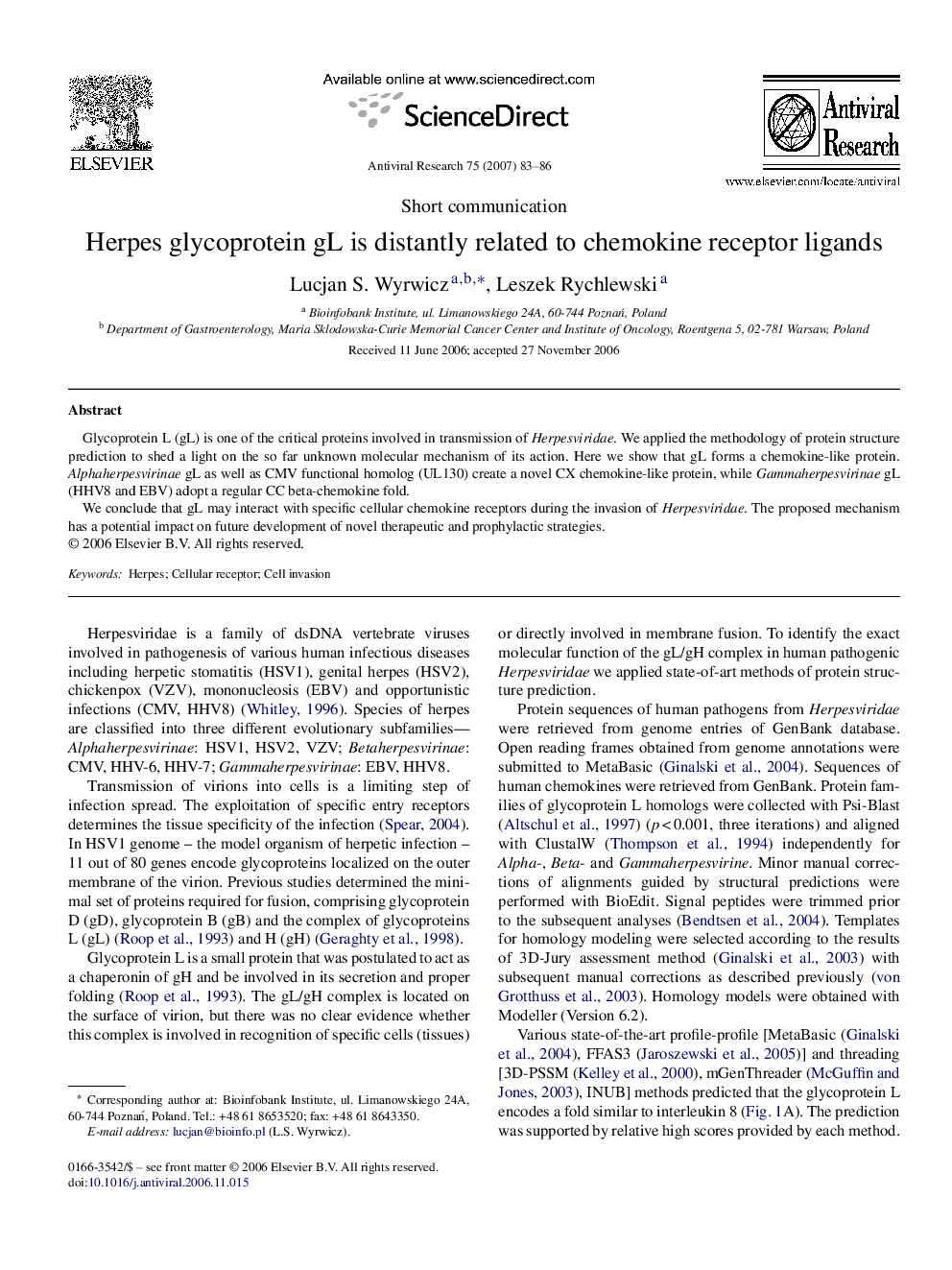 Herpes glycoprotein gL is distantly related to chemokine receptor ligands