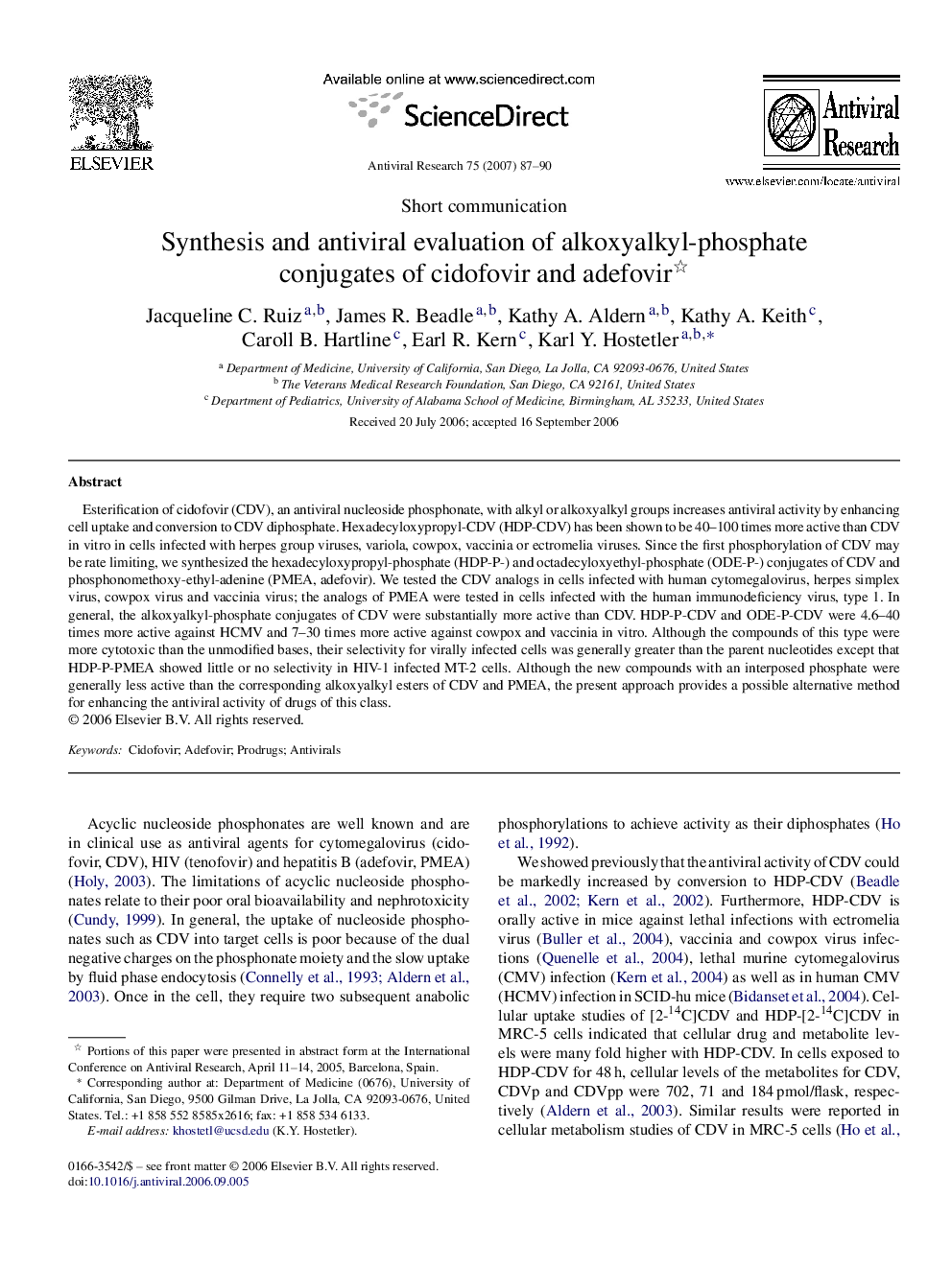 Synthesis and antiviral evaluation of alkoxyalkyl-phosphate conjugates of cidofovir and adefovir 