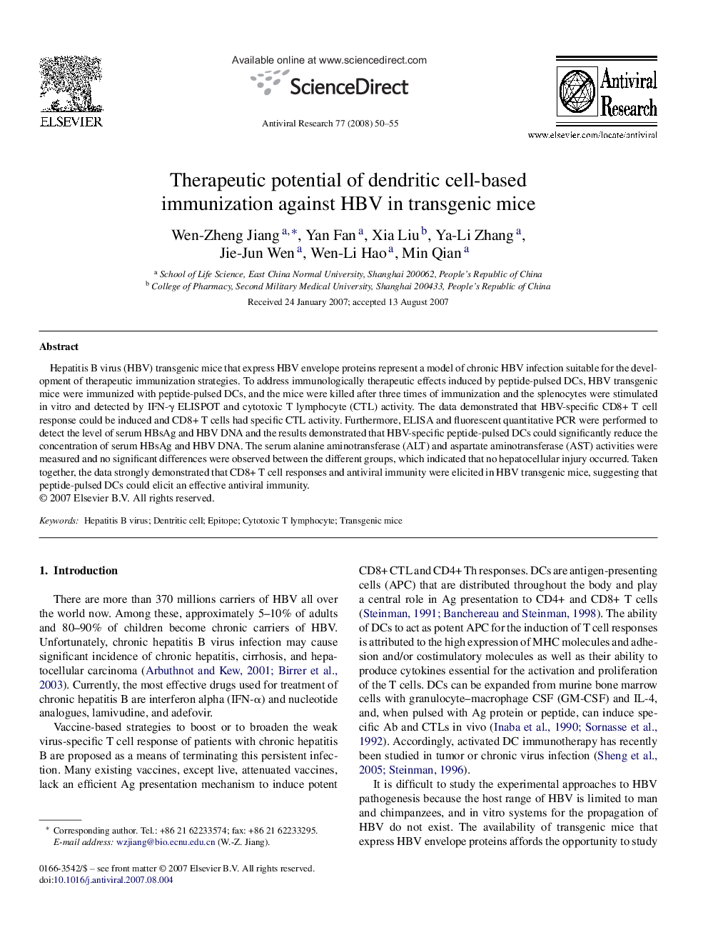 Therapeutic potential of dendritic cell-based immunization against HBV in transgenic mice