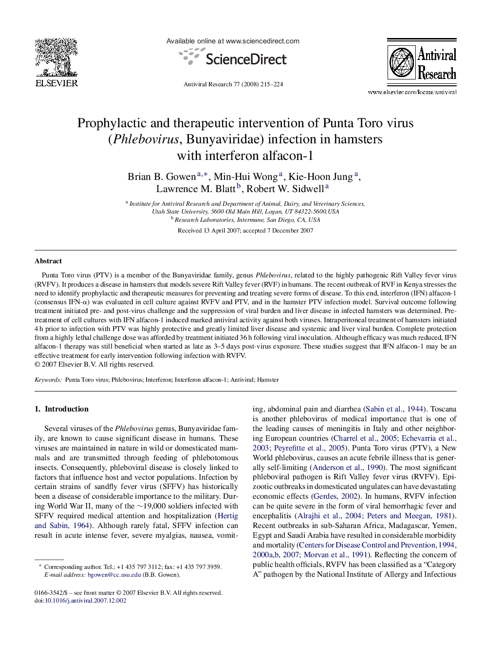 Prophylactic and therapeutic intervention of Punta Toro virus (Phlebovirus, Bunyaviridae) infection in hamsters with interferon alfacon-1