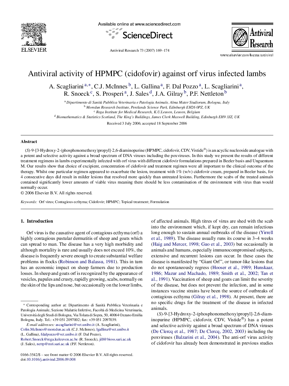 Antiviral activity of HPMPC (cidofovir) against orf virus infected lambs