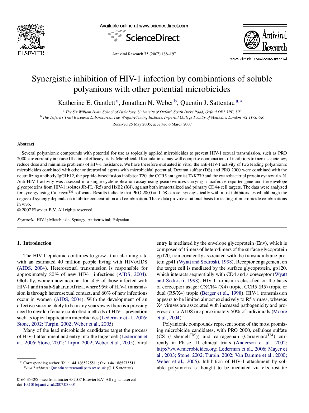 عکس صفحه اول مقاله: Synergistic inhibition of HIV-1 infection by combinations of soluble polyanions with other potential microbicides Synergistic inhibition of HIV-1 infection by combinations of soluble polyanions with other potential microbicides