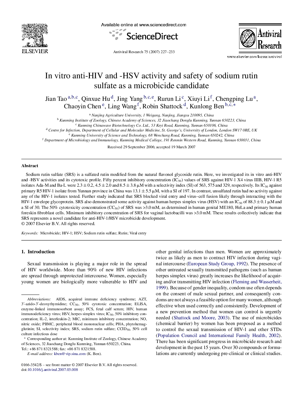 In vitro anti-HIV and -HSV activity and safety of sodium rutin sulfate as a microbicide candidate