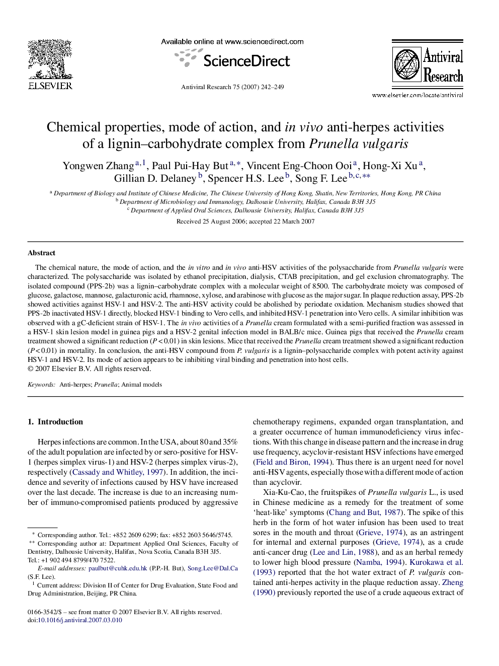 Chemical properties, mode of action, and in vivo anti-herpes activities of a lignin–carbohydrate complex from Prunella vulgaris