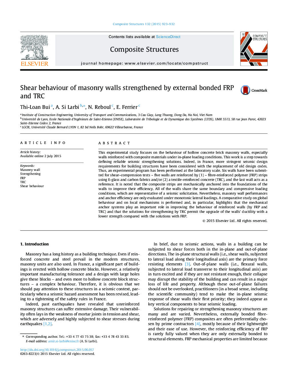 Shear behaviour of masonry walls strengthened by external bonded FRP and TRC