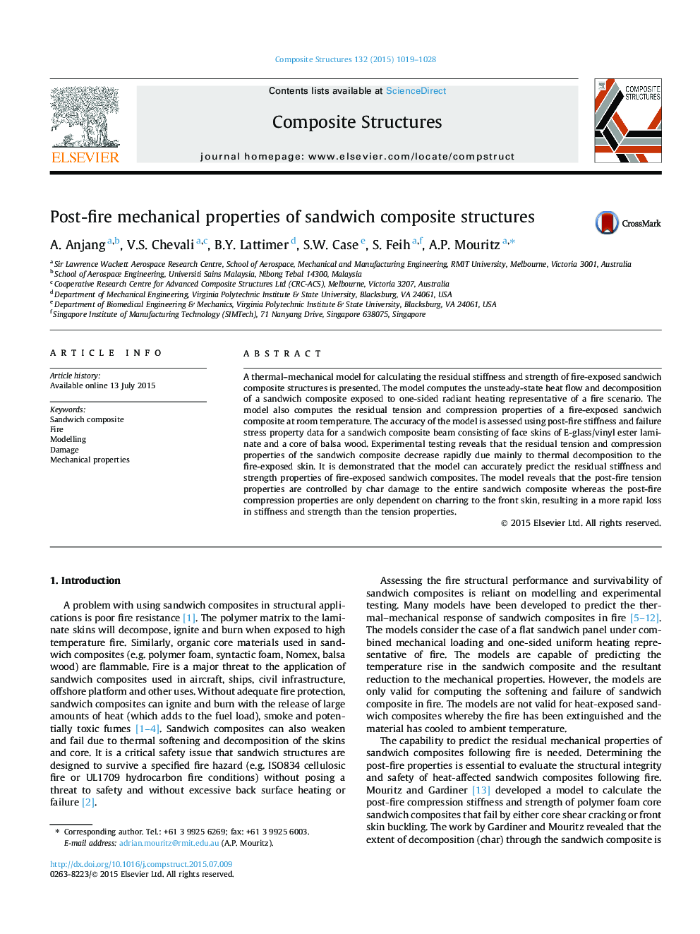 Post-fire mechanical properties of sandwich composite structures