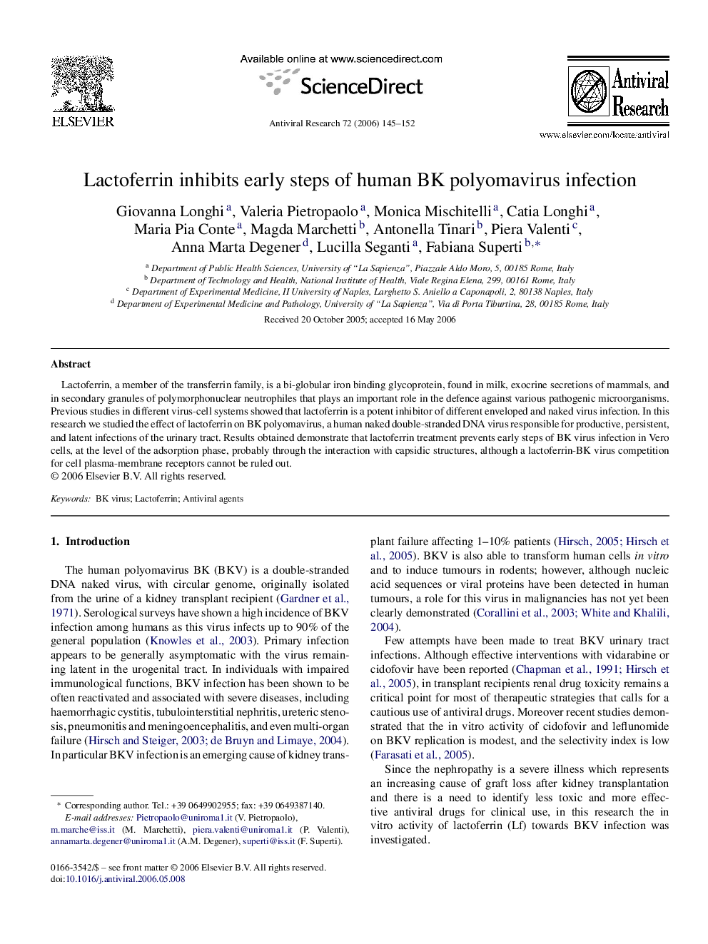 Lactoferrin inhibits early steps of human BK polyomavirus infection