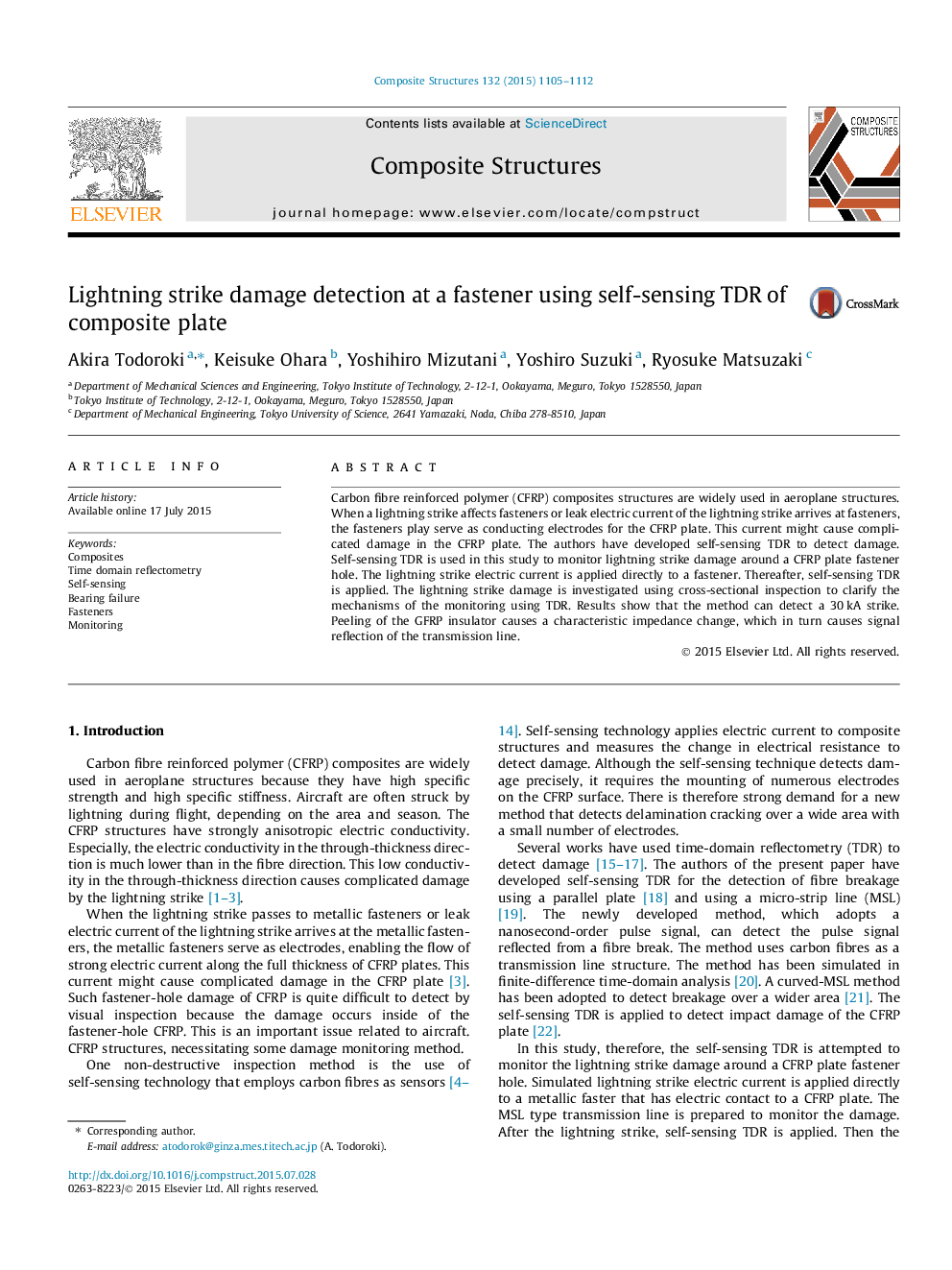 Lightning strike damage detection at a fastener using self-sensing TDR of composite plate