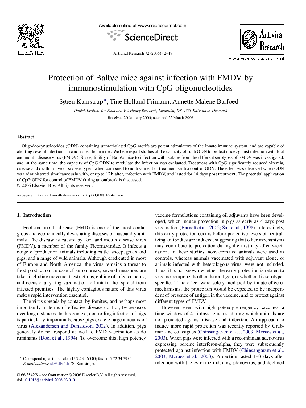 Protection of Balb/c mice against infection with FMDV by immunostimulation with CpG oligonucleotides