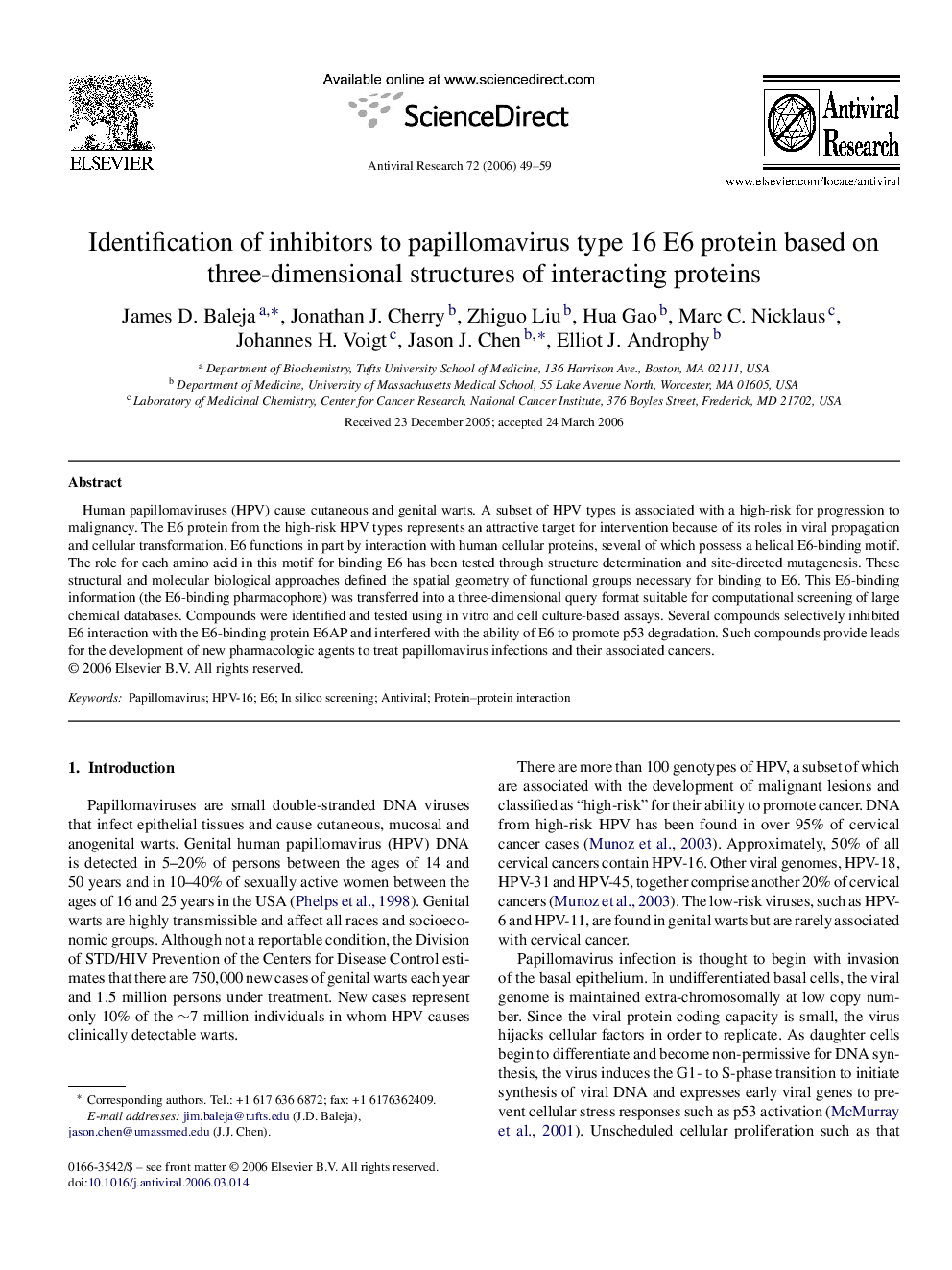 Identification of inhibitors to papillomavirus type 16 E6 protein based on three-dimensional structures of interacting proteins