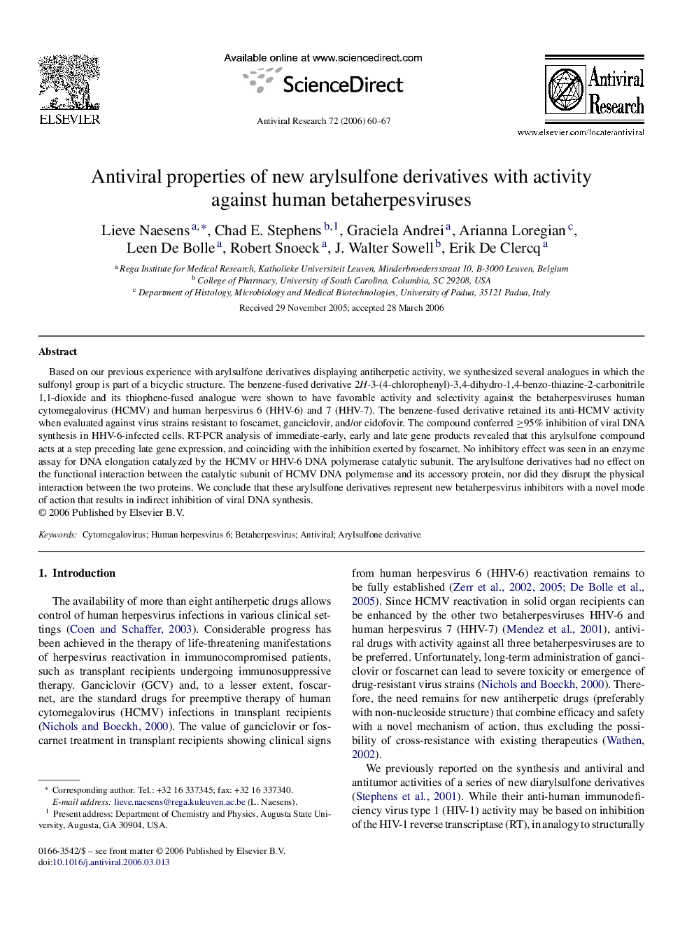 Antiviral properties of new arylsulfone derivatives with activity against human betaherpesviruses