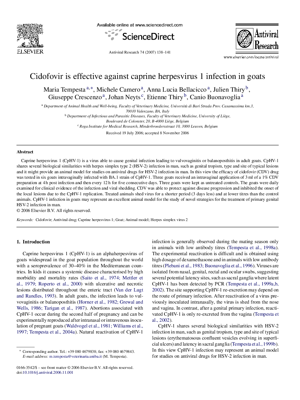 Cidofovir is effective against caprine herpesvirus 1 infection in goats