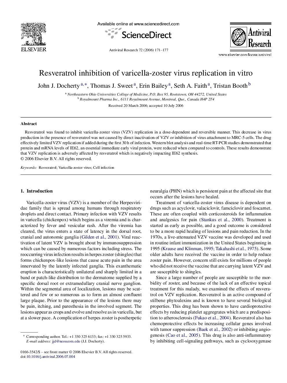 عکس صفحه اول مقاله: Resveratrol inhibition of varicella-zoster virus replication in vitro Resveratrol inhibition of varicella-zoster virus replication in vitro