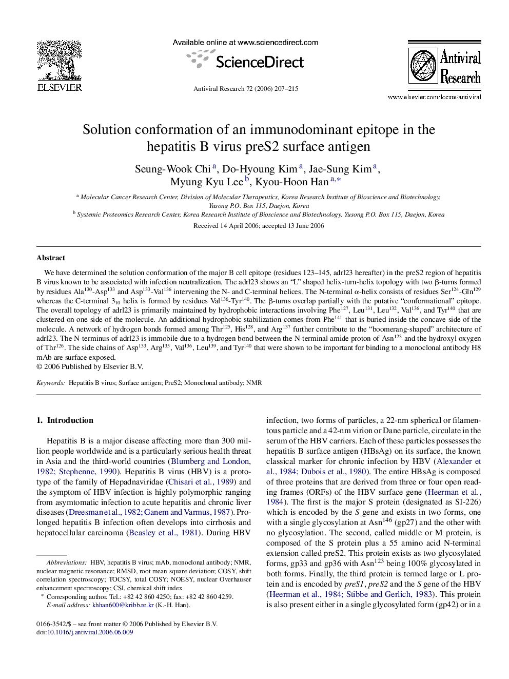 Solution conformation of an immunodominant epitope in the hepatitis B virus preS2 surface antigen