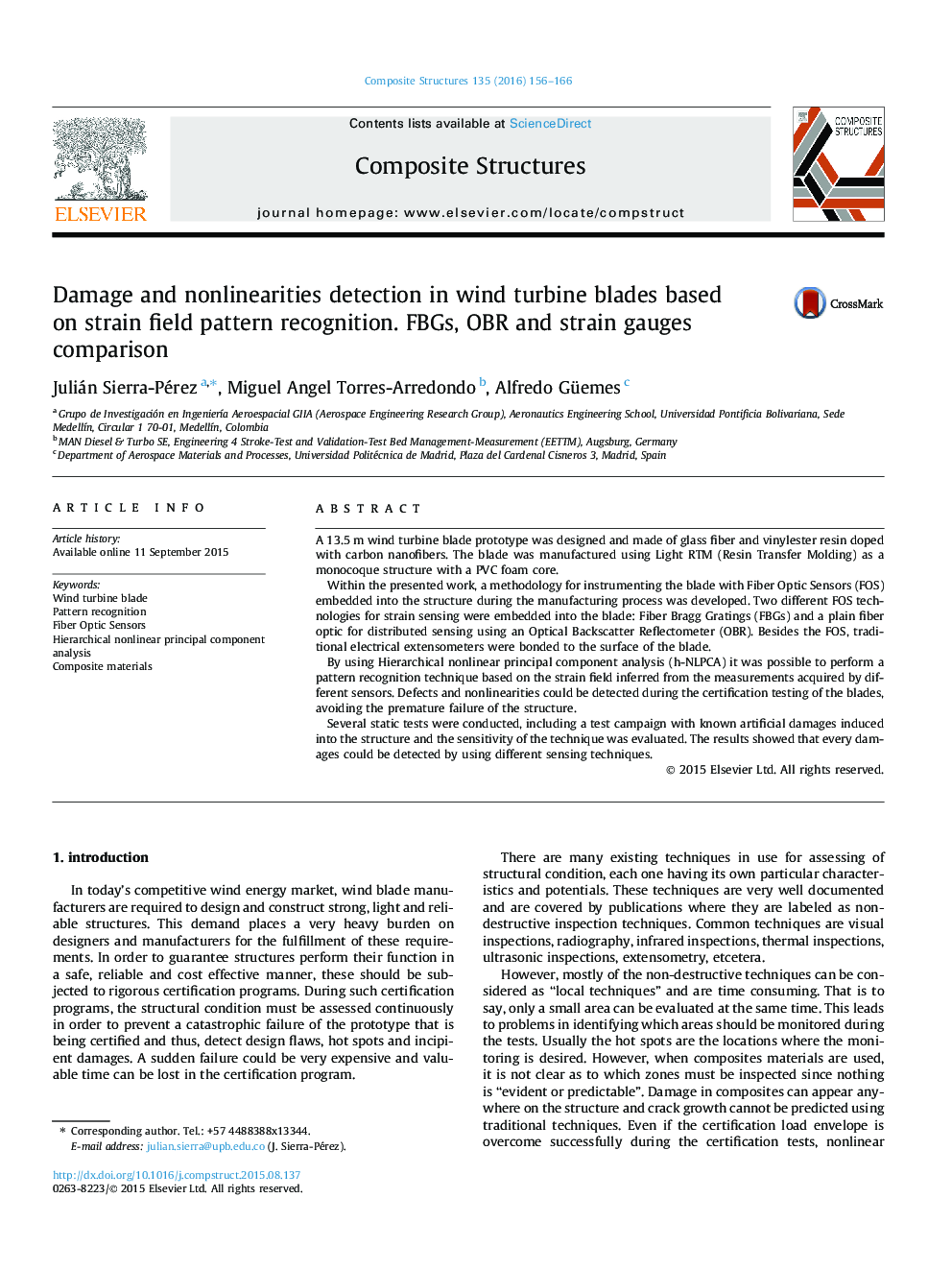 Damage and nonlinearities detection in wind turbine blades based on strain field pattern recognition. FBGs, OBR and strain gauges comparison