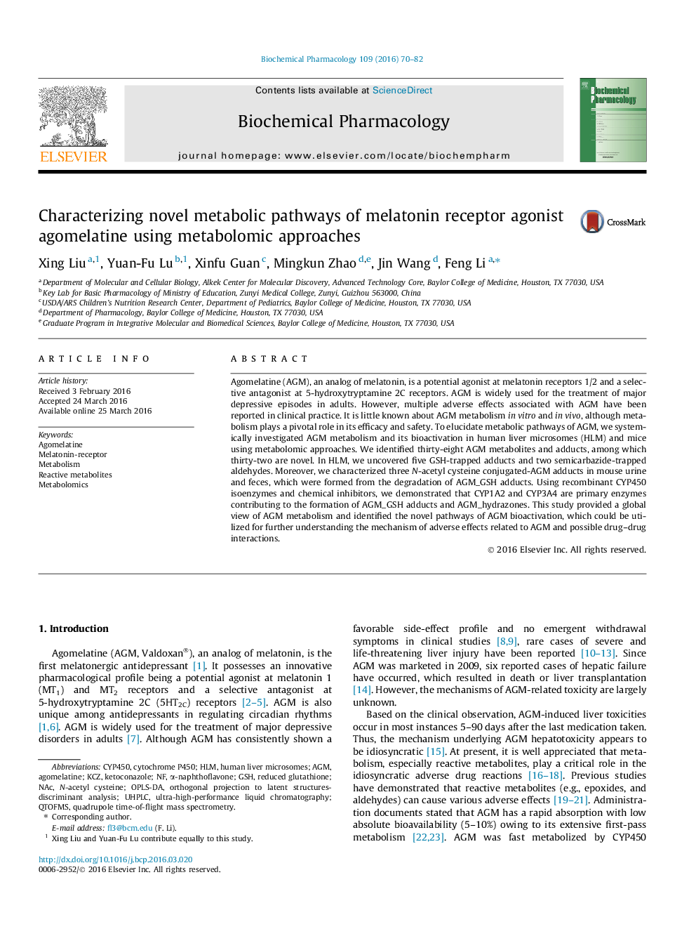 Characterizing novel metabolic pathways of melatonin receptor agonist agomelatine using metabolomic approaches