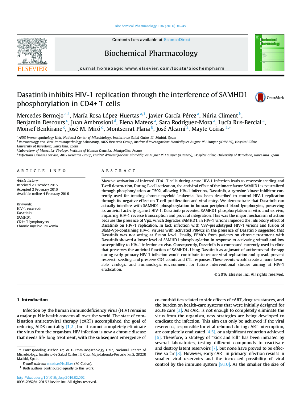 Dasatinib inhibits HIV-1 replication through the interference of SAMHD1 phosphorylation in CD4+ T cells