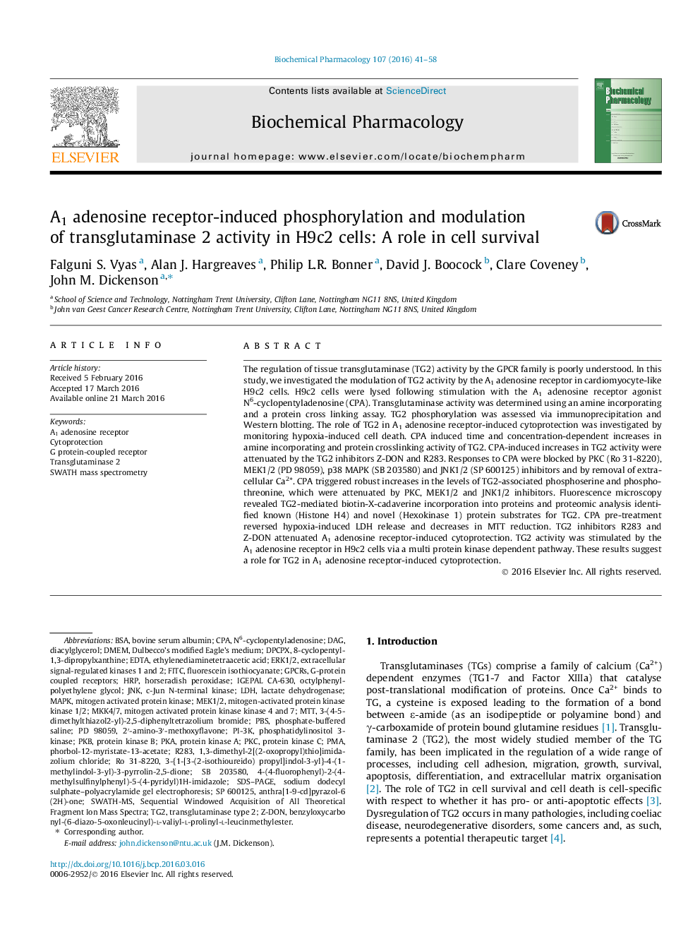 عکس صفحه اول مقاله: A1 adenosine receptor-induced phosphorylation and modulation of transglutaminase 2 activity in H9c2 cells: A role in cell survival A1 adenosine receptor-induced phosphorylation and modulation of transglutaminase 2 activity in H9c2 cells: A role in cell survival