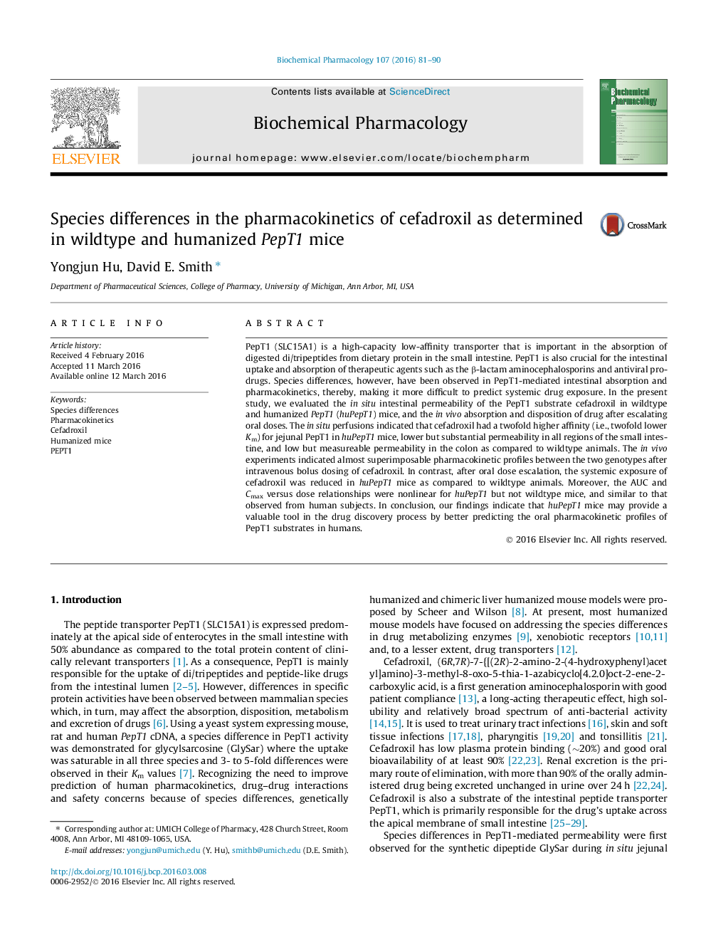 Species differences in the pharmacokinetics of cefadroxil as determined in wildtype and humanized PepT1 mice