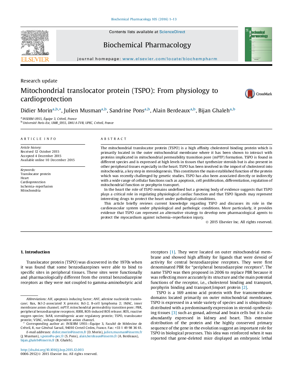 Mitochondrial translocator protein (TSPO): From physiology to cardioprotection