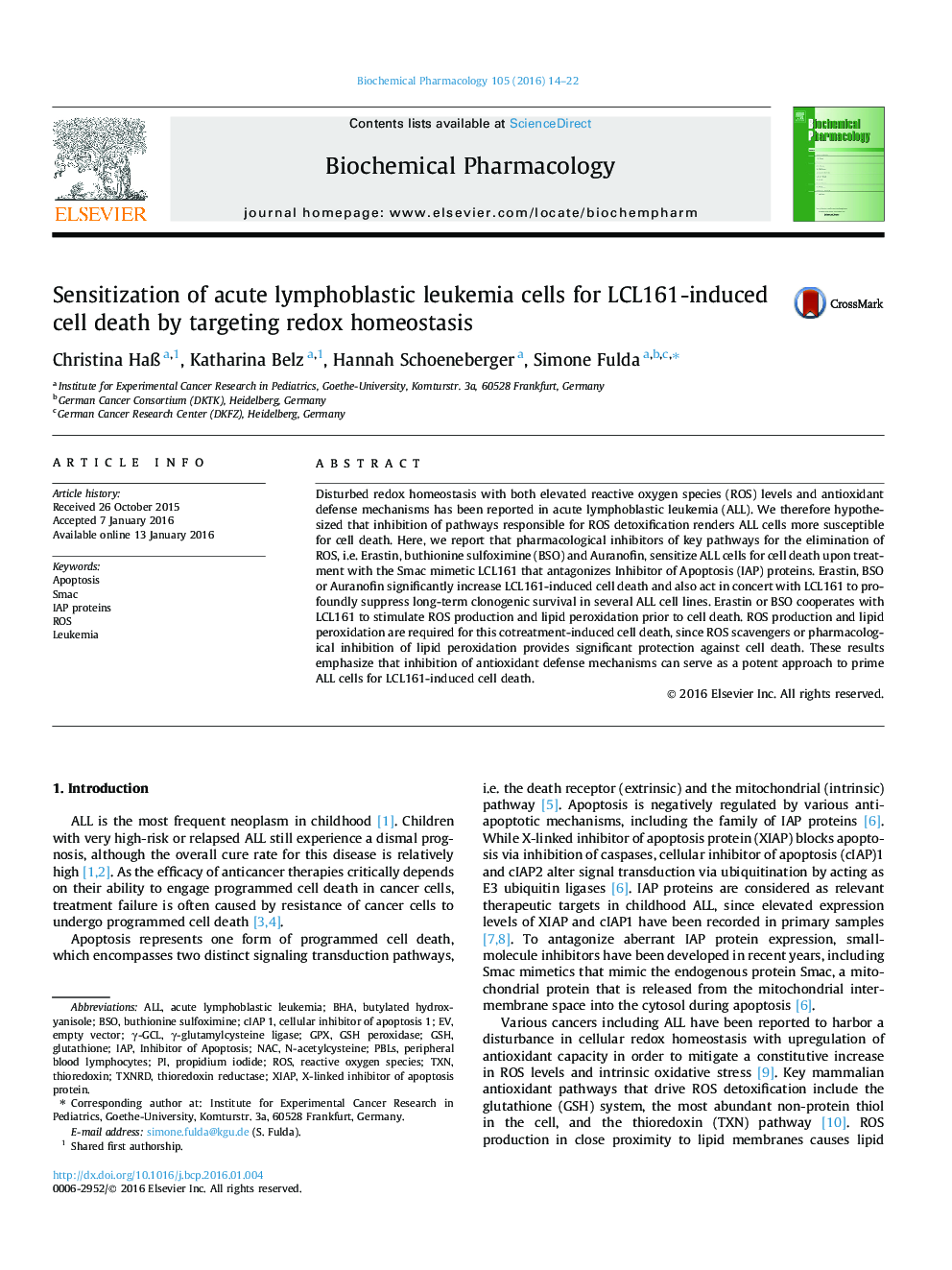 Sensitization of acute lymphoblastic leukemia cells for LCL161-induced cell death by targeting redox homeostasis