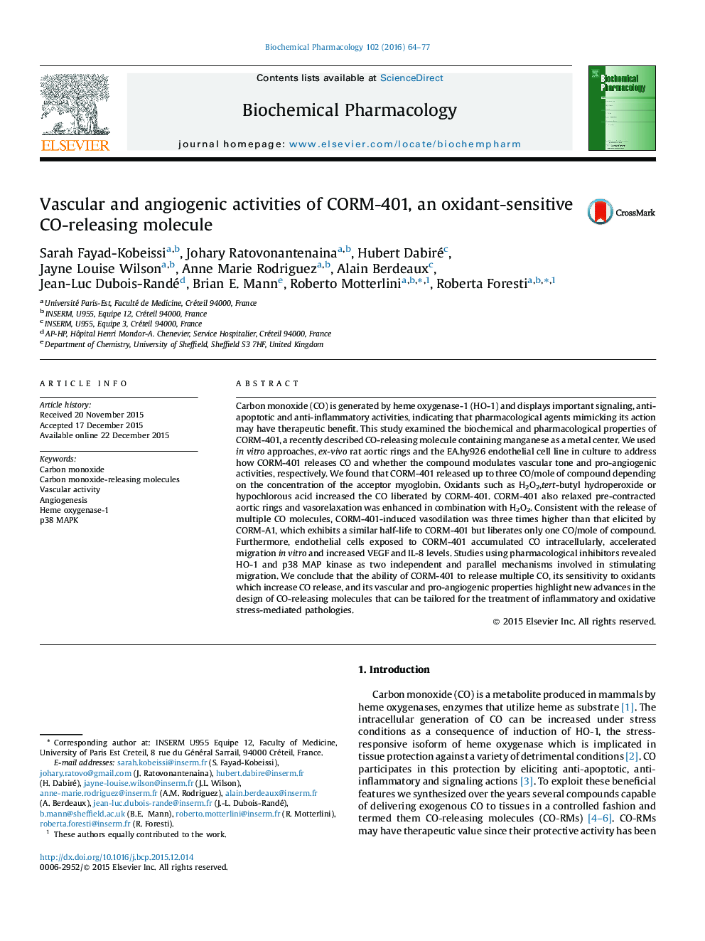 Vascular and angiogenic activities of CORM-401, an oxidant-sensitive CO-releasing molecule