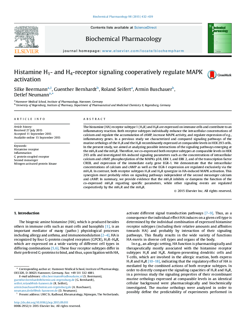 Histamine H1- and H4-receptor signaling cooperatively regulate MAPK activation